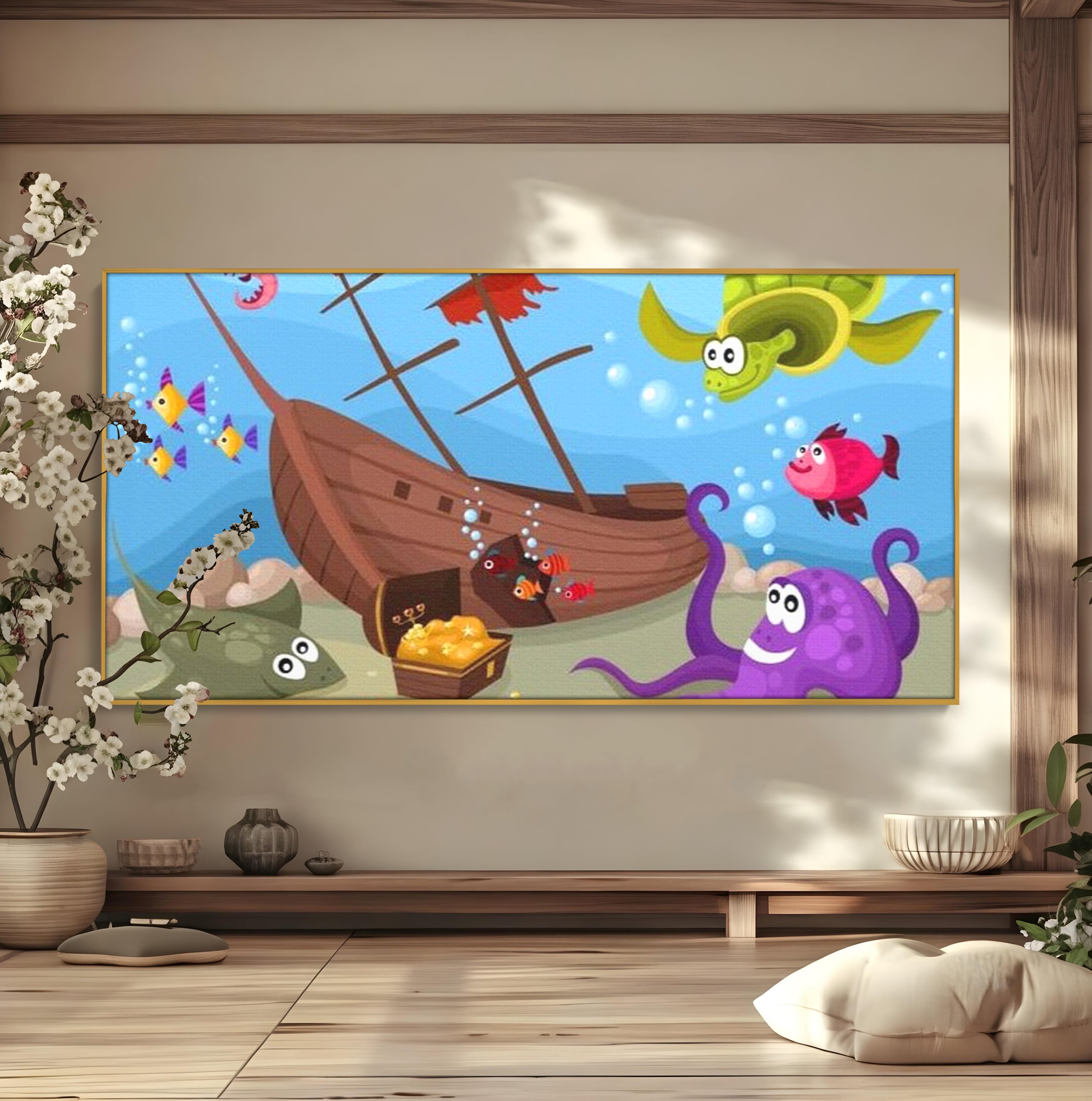 Tablou canvas cu ilustratie animata cu vietuitoare marine si epava, in rama de aluminiu auriu